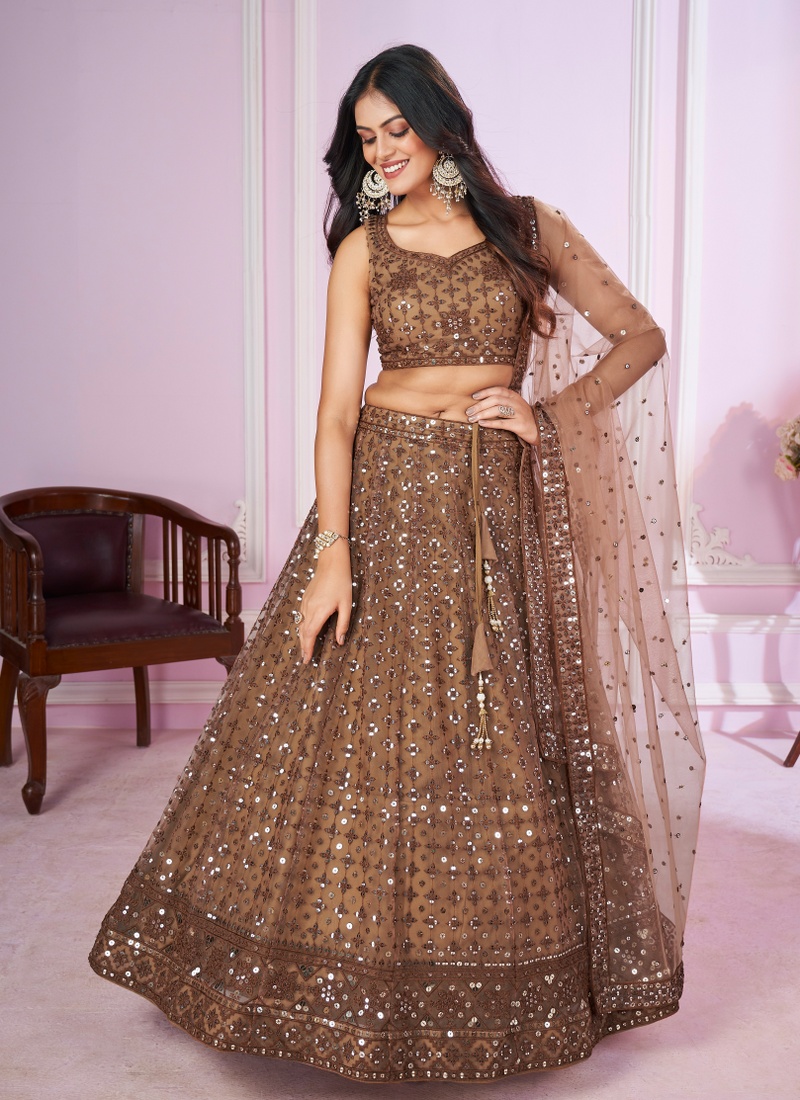 Brown Soft Net Thread Embroidered Wedding Lehenga Choli