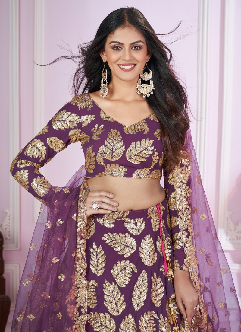 Purple Georgette Zari Embroidered Wedding Lehenga Choli