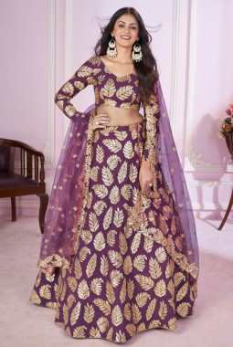 Purple Georgette Zari Embroidered Wedding Lehenga Choli