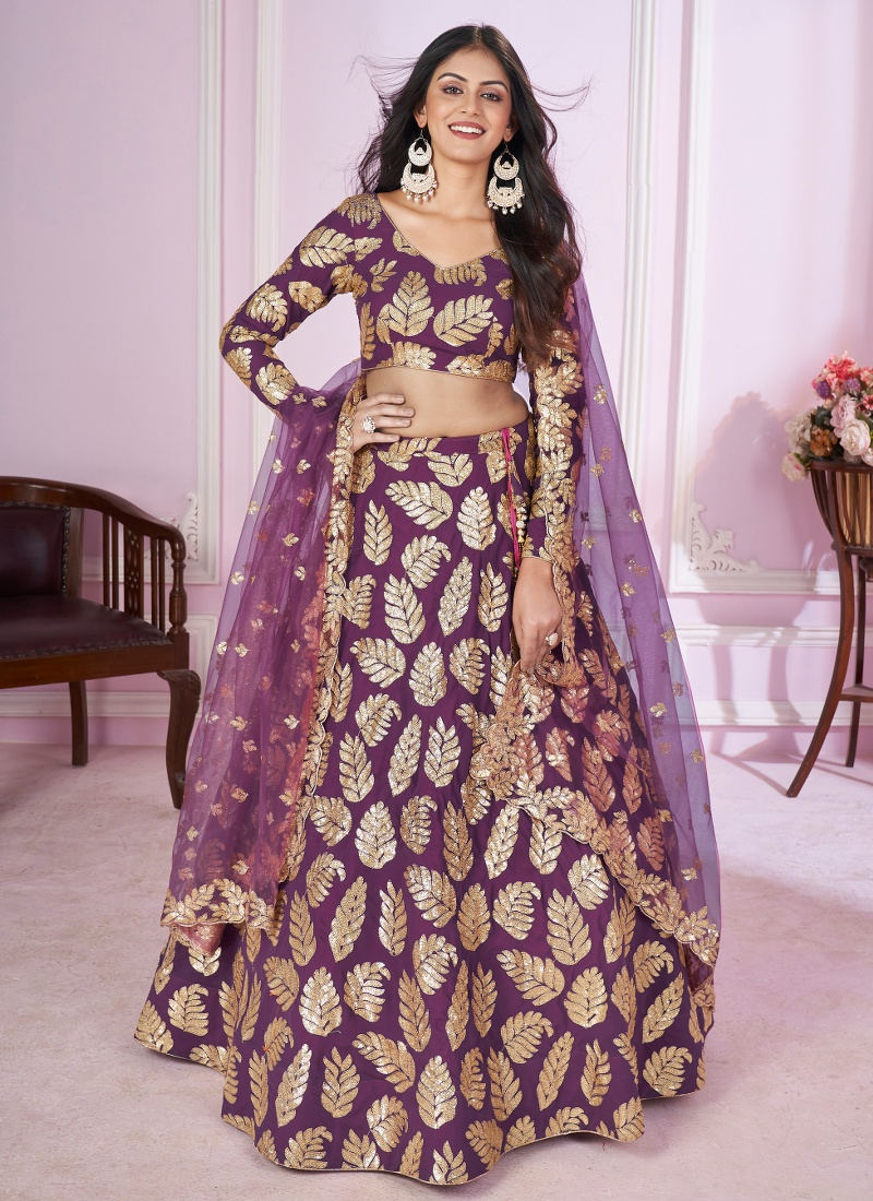 Purple Georgette Zari Embroidered Wedding Lehenga Choli