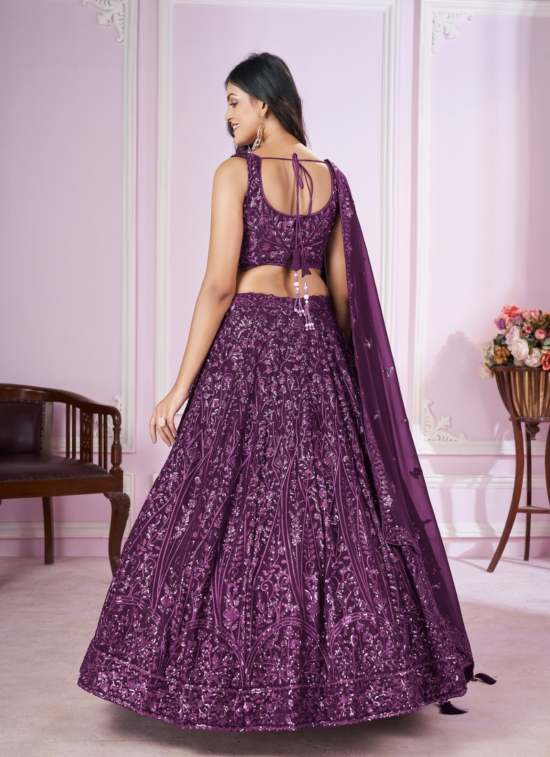 Purple Georgette Thread Embroidered Wedding Lehenga Choli