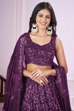 Purple Georgette Thread Embroidered Wedding Lehenga Choli