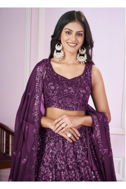 Purple Georgette Thread Embroidered Wedding Lehenga Choli