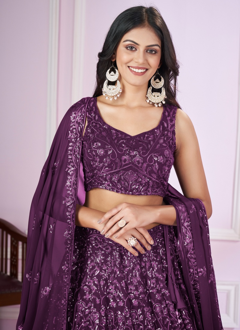 Purple Georgette Thread Embroidered Wedding Lehenga Choli