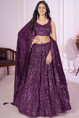 Purple Georgette Thread Embroidered Wedding Lehenga Choli