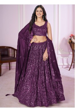 Purple Georgette Thread Embroidered Wedding Lehenga Choli
