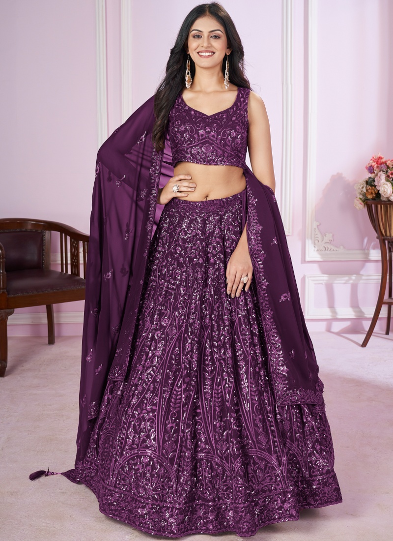 Purple Georgette Thread Embroidered Wedding Lehenga Choli