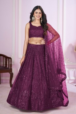 Purple Soft Net Sequins Wedding Lehenga Choli