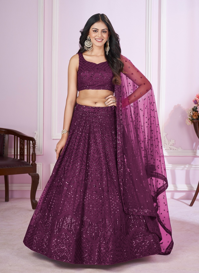 Purple Soft Net Sequins Wedding Lehenga Choli