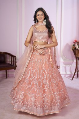 Pink Soft Net Sequins Wedding Lehenga Choli