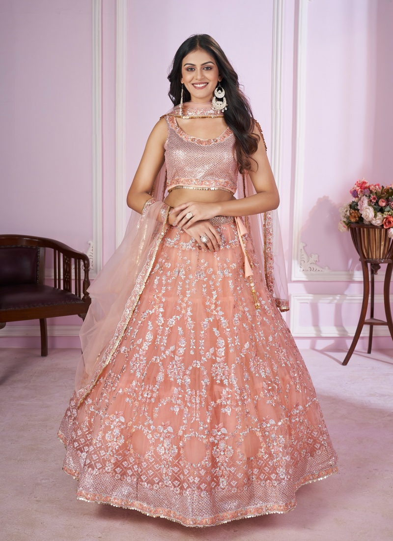 Pink Soft Net Sequins Wedding Lehenga Choli