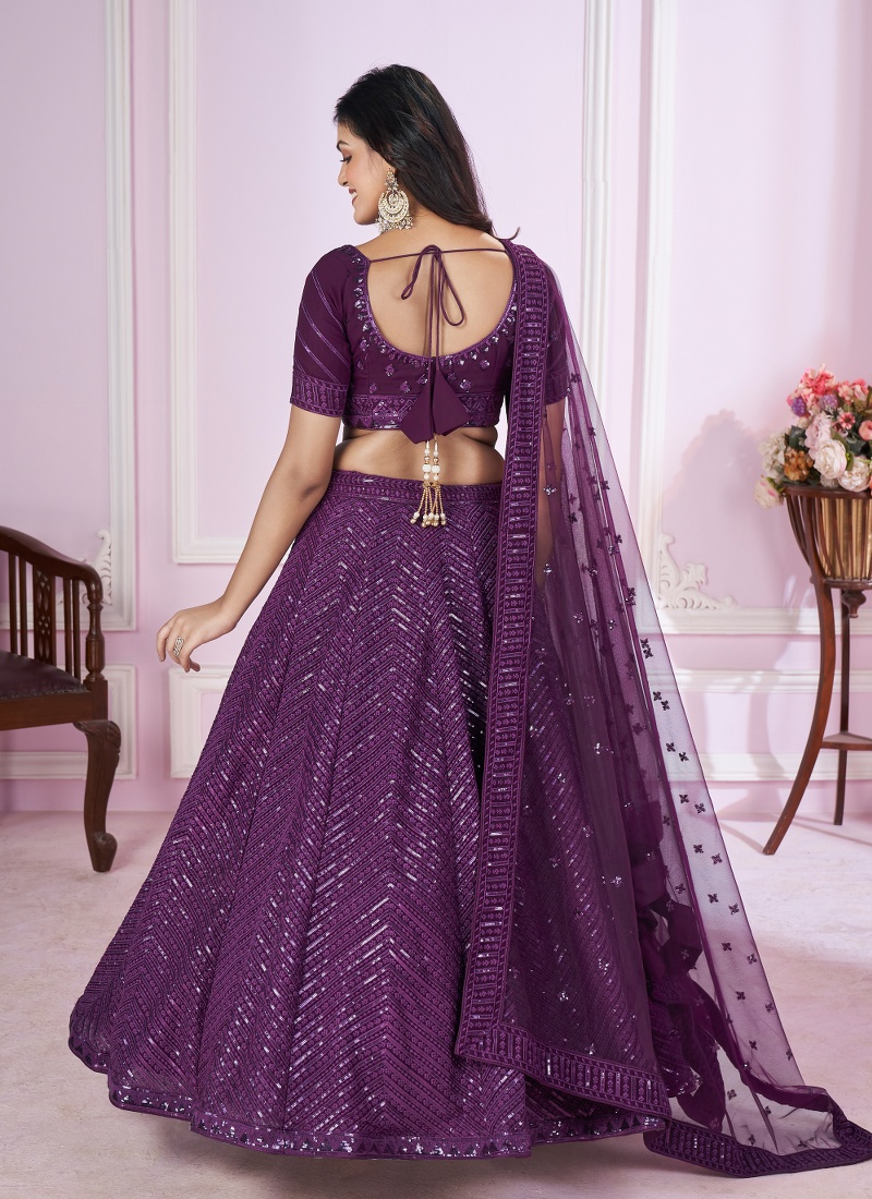 Purple Georgette Embroidered Wedding Lehenga Choli