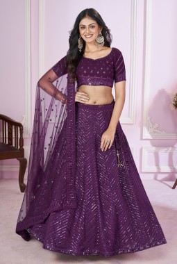 Purple Georgette Embroidered Wedding Lehenga Choli