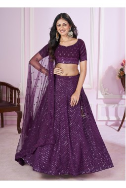 Purple Georgette Embroidered Wedding Lehenga Choli