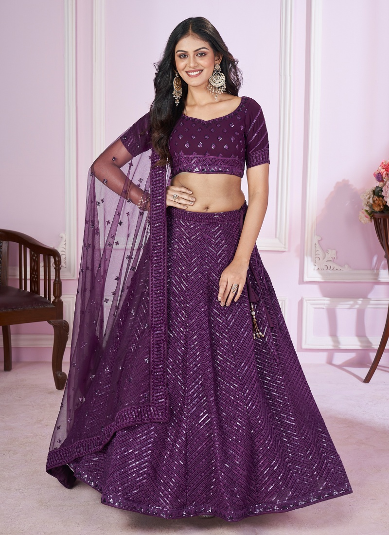 Purple Georgette Embroidered Wedding Lehenga Choli