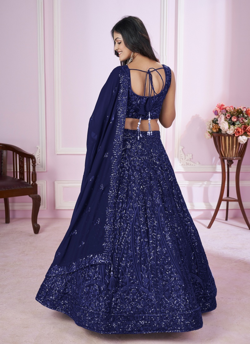 Blue Georgette Embroidery Wedding Lehenga Choli