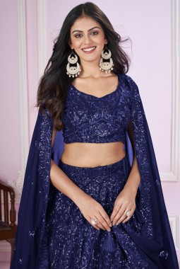 Blue Georgette Embroidery Wedding Lehenga Choli