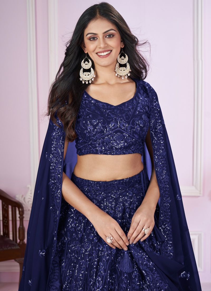 Blue Georgette Embroidery Wedding Lehenga Choli