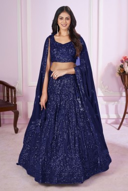 Blue Georgette Embroidery Wedding Lehenga Choli