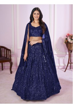 Blue Georgette Embroidery Wedding Lehenga Choli