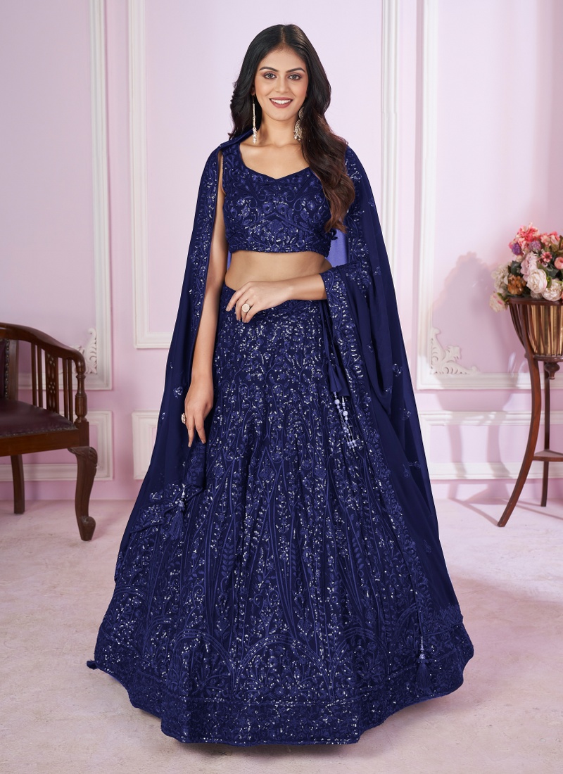 Blue Georgette Embroidery Wedding Lehenga Choli