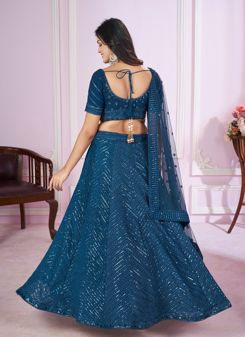 Blue Georgette Thread Embroidery Wedding Lehenga Choli