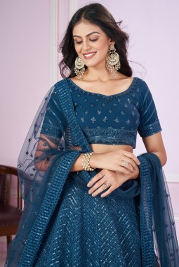 Blue Georgette Thread Embroidery Wedding Lehenga Choli