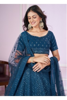 Blue Georgette Thread Embroidery Wedding Lehenga Choli