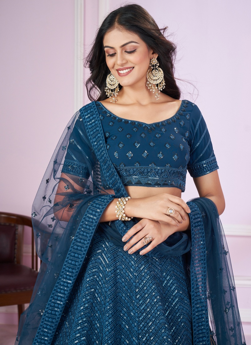 Blue Georgette Thread Embroidery Wedding Lehenga Choli