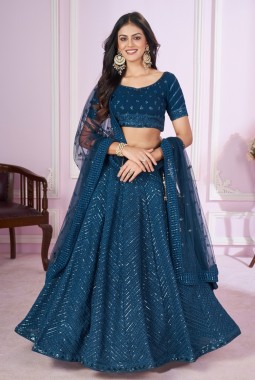 Blue Georgette Thread Embroidery Wedding Lehenga Choli