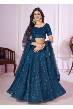 Blue Georgette Thread Embroidery Wedding Lehenga Choli