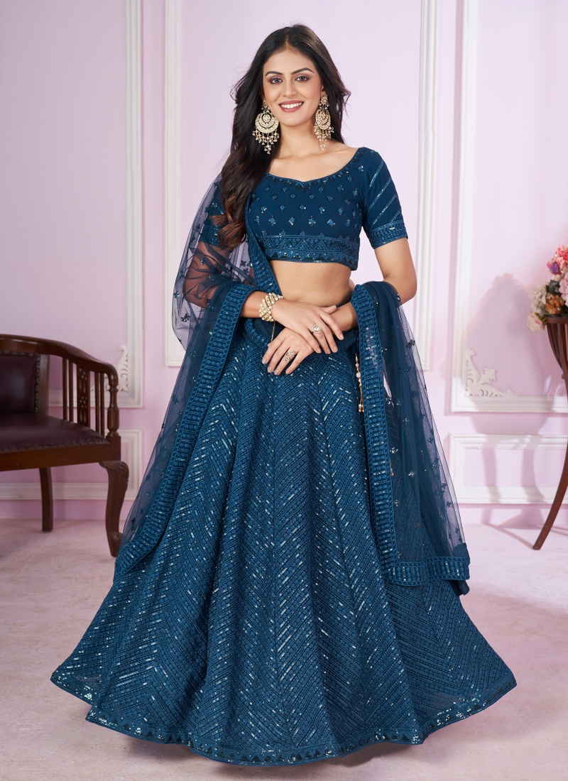 Blue Georgette Thread Embroidery Wedding Lehenga Choli