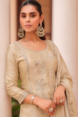 Beige Silk Satin Sequins Embroidered Designer Salwar Kameez