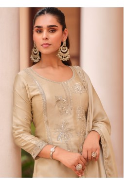 Beige Silk Satin Sequins Embroidered Designer Salwar Kameez