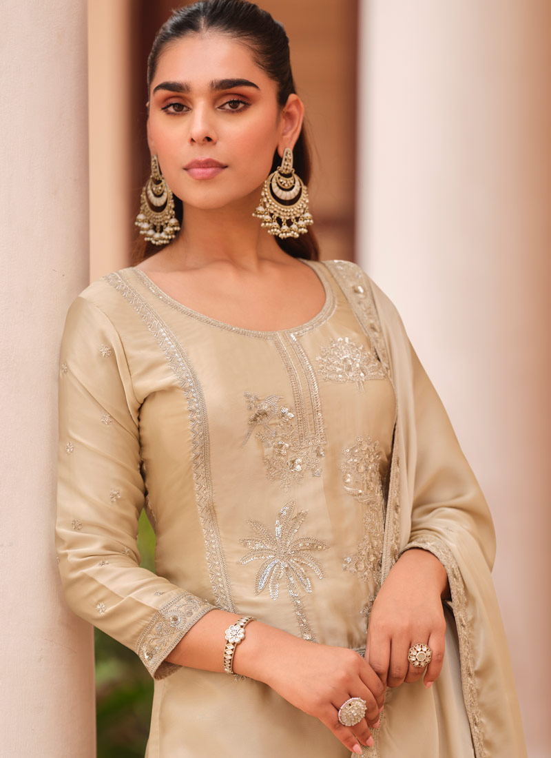 Beige Silk Satin Sequins Embroidered Designer Salwar Kameez