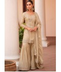 Beige Silk Satin Sequins Embroidered Designer Salwar Kameez