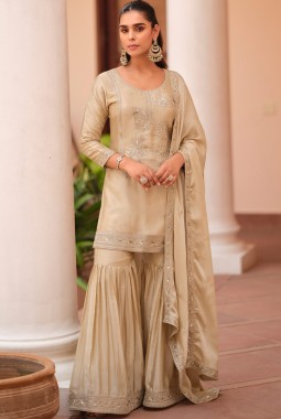 Beige Silk Satin Sequins Embroidered Designer Salwar Kameez
