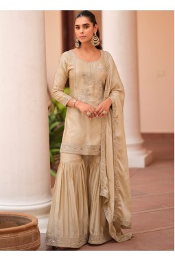 Beige Silk Satin Sequins Embroidered Designer Salwar Kameez