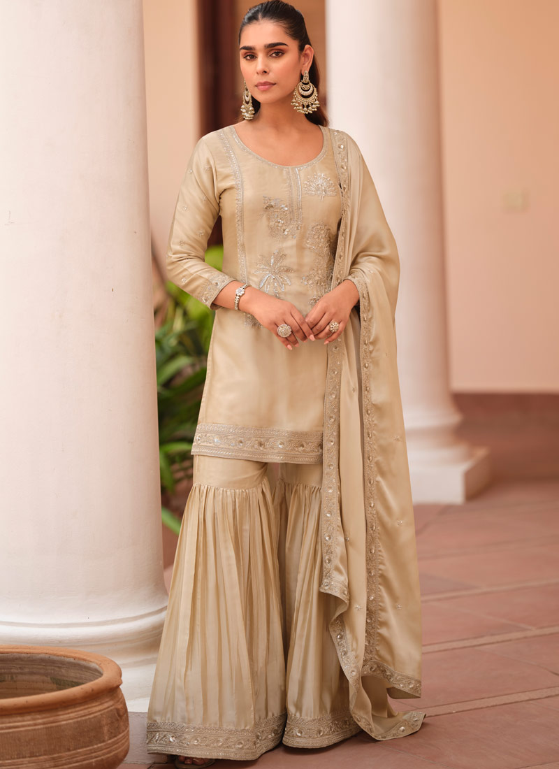 Beige Silk Satin Sequins Embroidered Designer Salwar Kameez