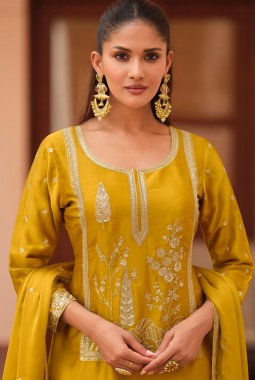 Mustard Silk Satin Sequins Embroidered Designer Salwar Kameez