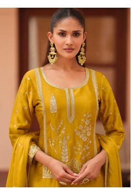 Mustard Silk Satin Sequins Embroidered Designer Salwar Kameez