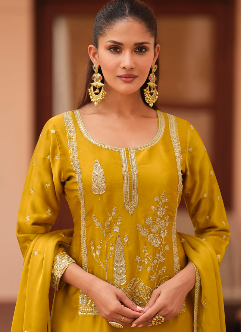 Mustard Silk Satin Sequins Embroidered Designer Salwar Kameez