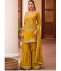 Mustard Silk Satin Sequins Embroidered Designer Salwar Kameez