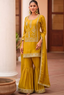 Mustard Silk Satin Sequins Embroidered Designer Salwar Kameez