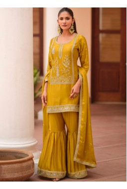 Mustard Silk Satin Sequins Embroidered Designer Salwar Kameez