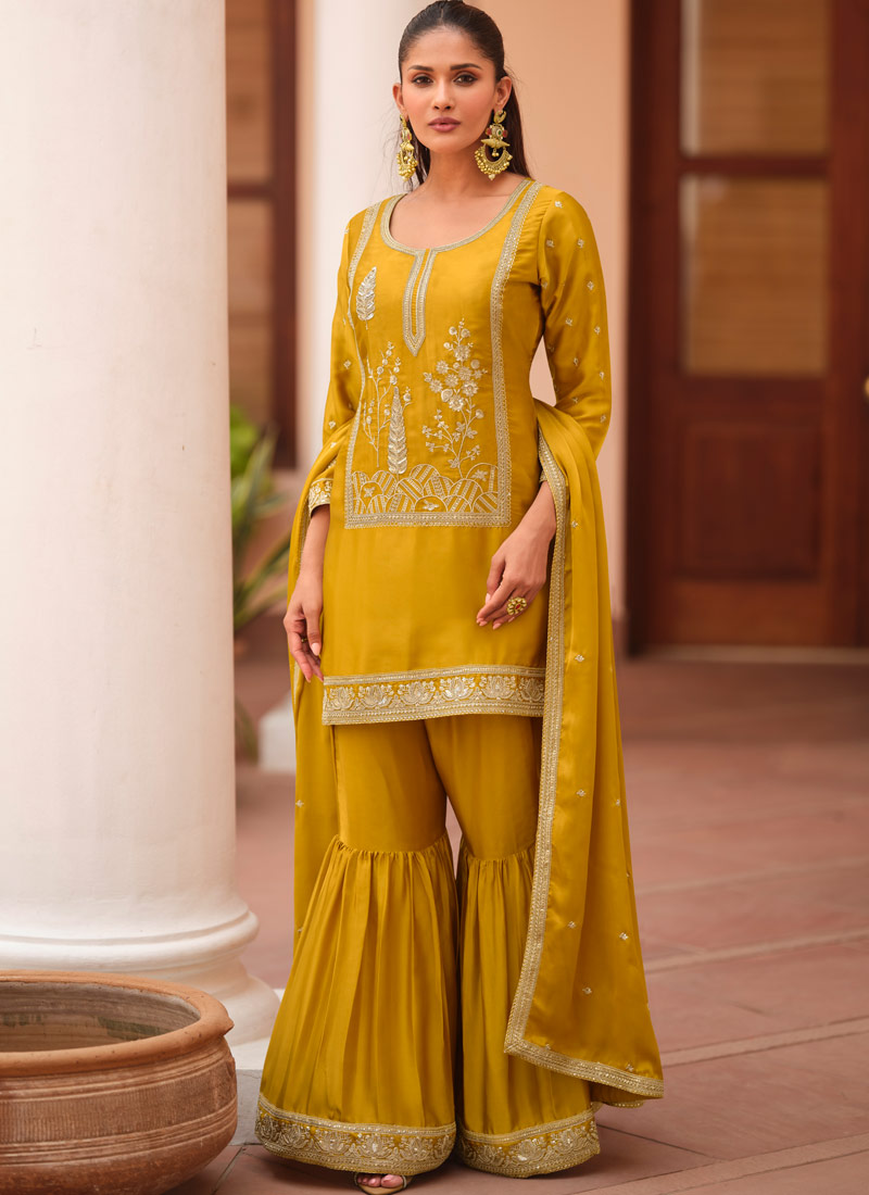 Mustard Silk Satin Sequins Embroidered Designer Salwar Kameez
