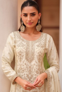 White Silk Satin Sequins Embroidered Designer Salwar Kameez