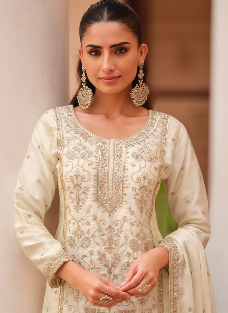 White Silk Satin Sequins Embroidered Designer Salwar Kameez
