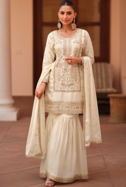 White Silk Satin Sequins Embroidered Designer Salwar Kameez