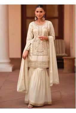 White Silk Satin Sequins Embroidered Designer Salwar Kameez